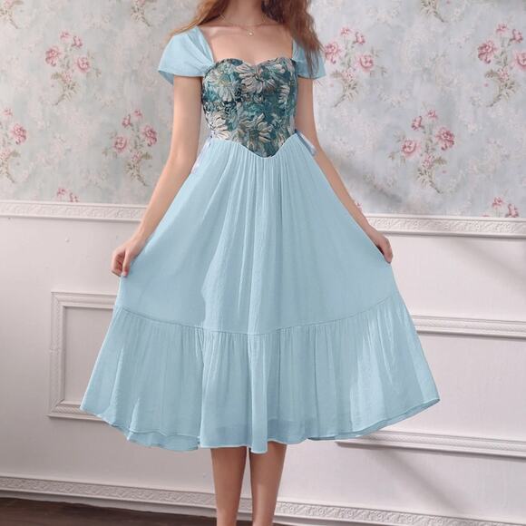 SHEIN MOD Baby Blue Corset Dress XS Renaissance Vibes Ruffle Midi - Picture 12 of 14